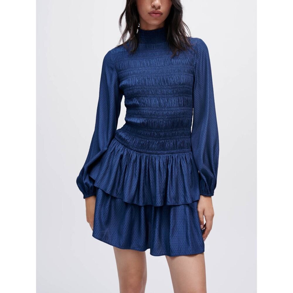 Maje dress flounces satin smocked jacquard navy blue Parisian french eu 36 us 4
